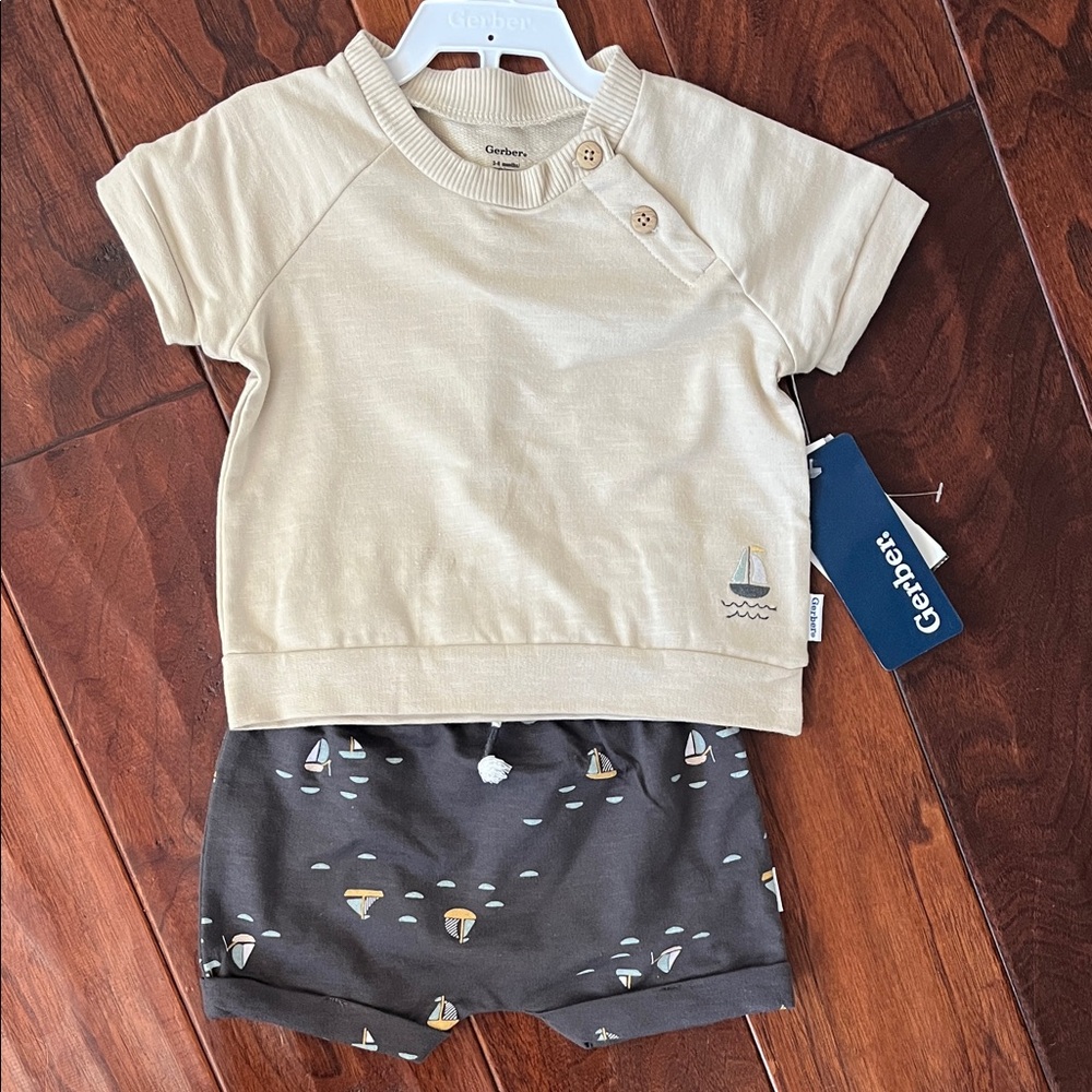 Gerber Cream and Gray Baby Shorts Set with Sailboat Design